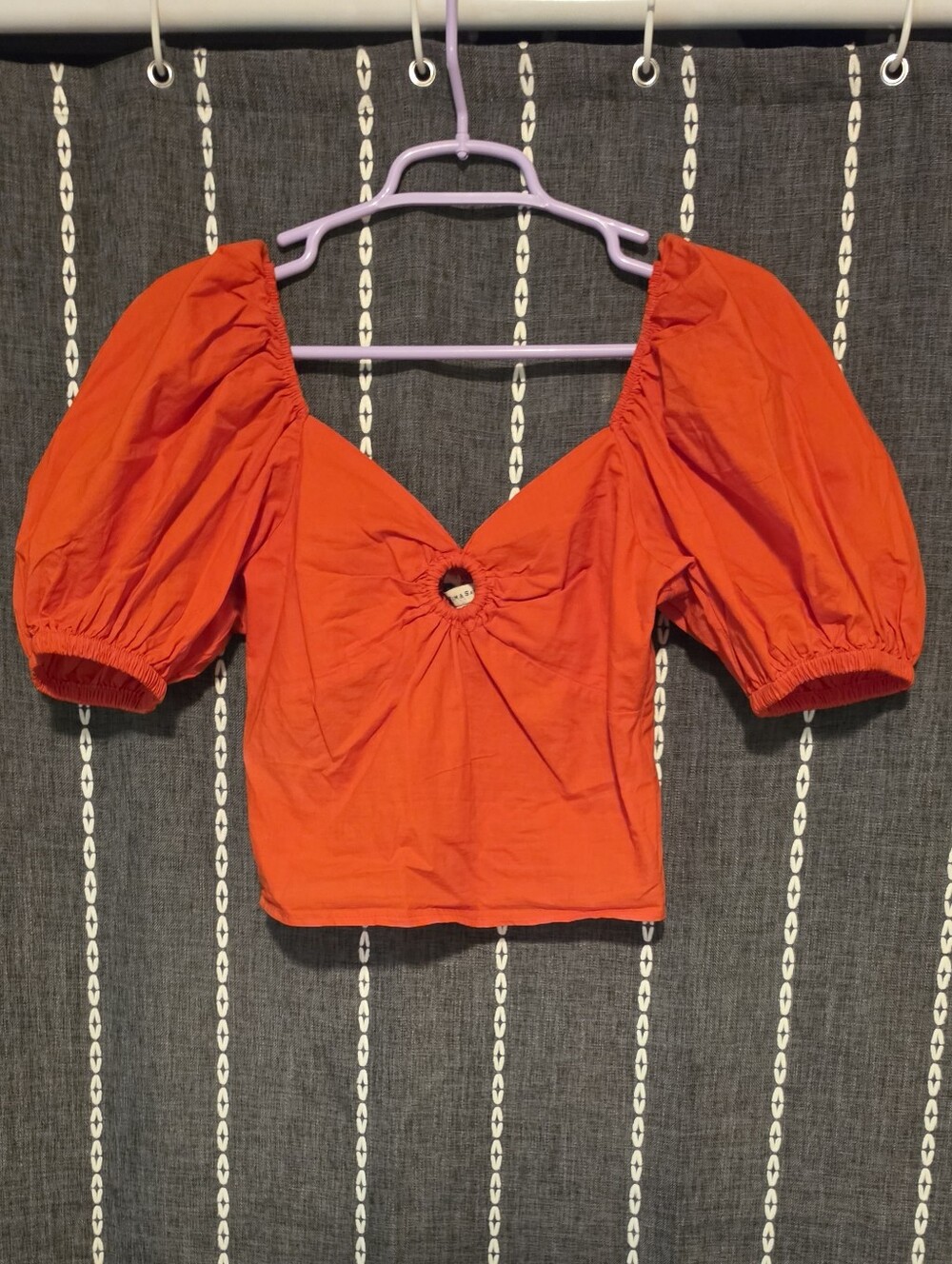 Women's Bright Orange Puff-Sleeve Top with Front Ring Detail